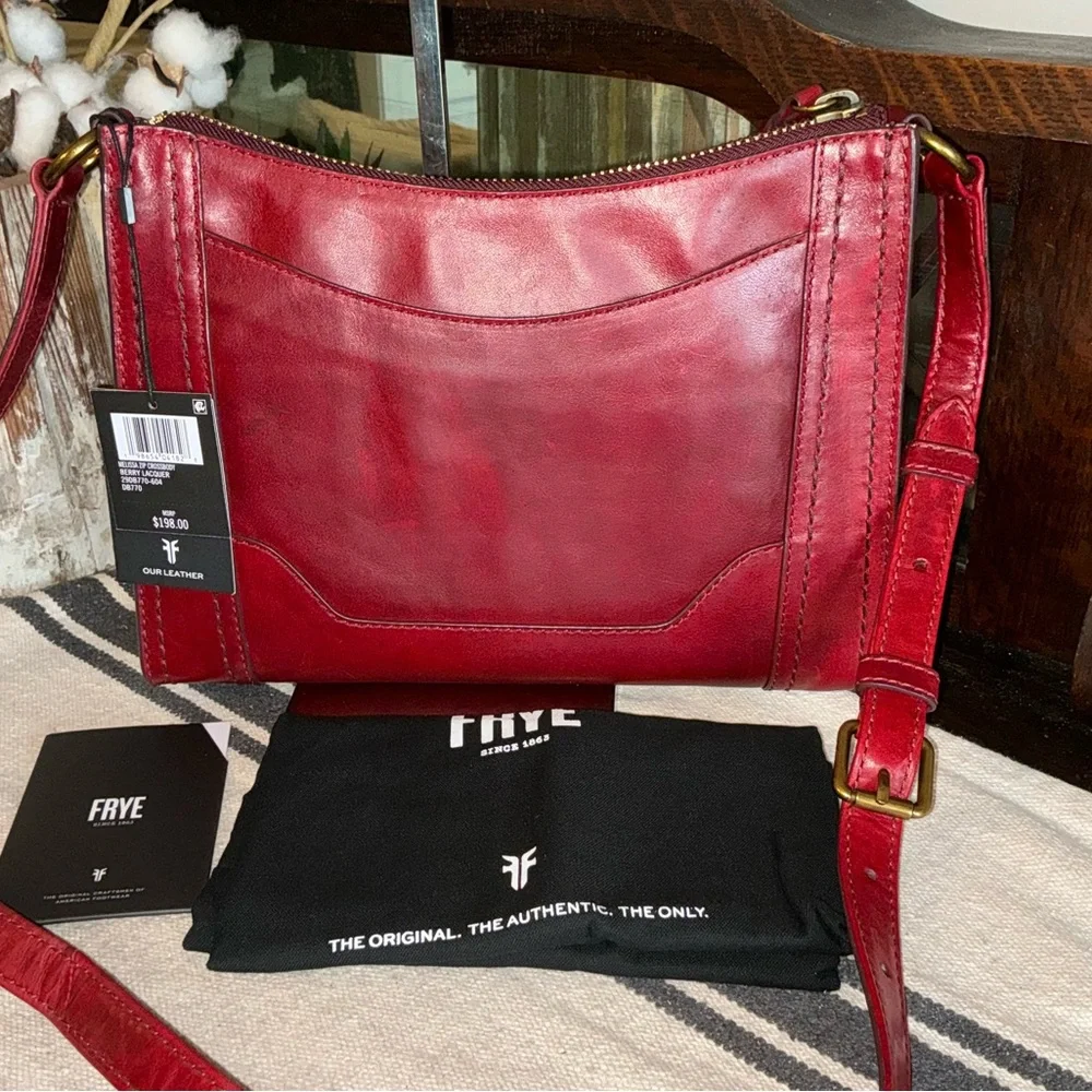 NWT Frye Leather Melissa Zip Top Saddle Crossbody Berry Lacquer Red MSRP $198